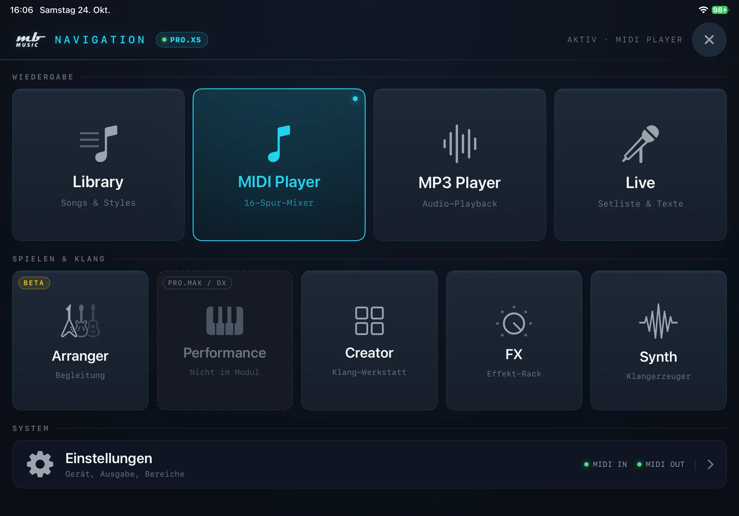 Der HUB der MBMusic PRO.App mit den Kacheln WIEDERGABE, SPIELEN & KLANG und SYSTEM