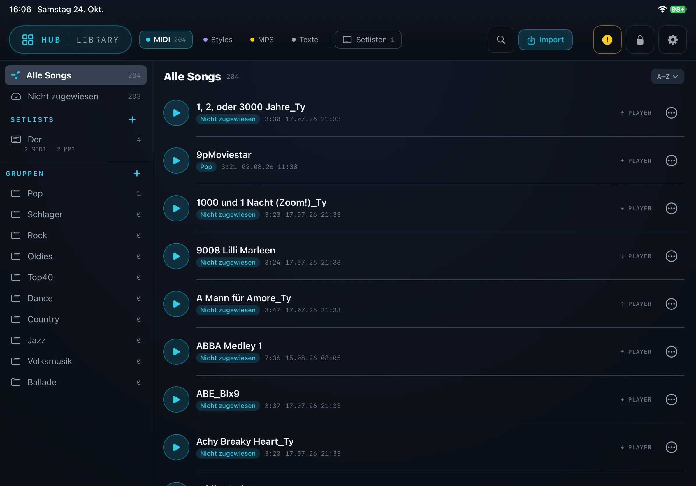 Die Library mit Song-Liste, SetLists und Gruppen