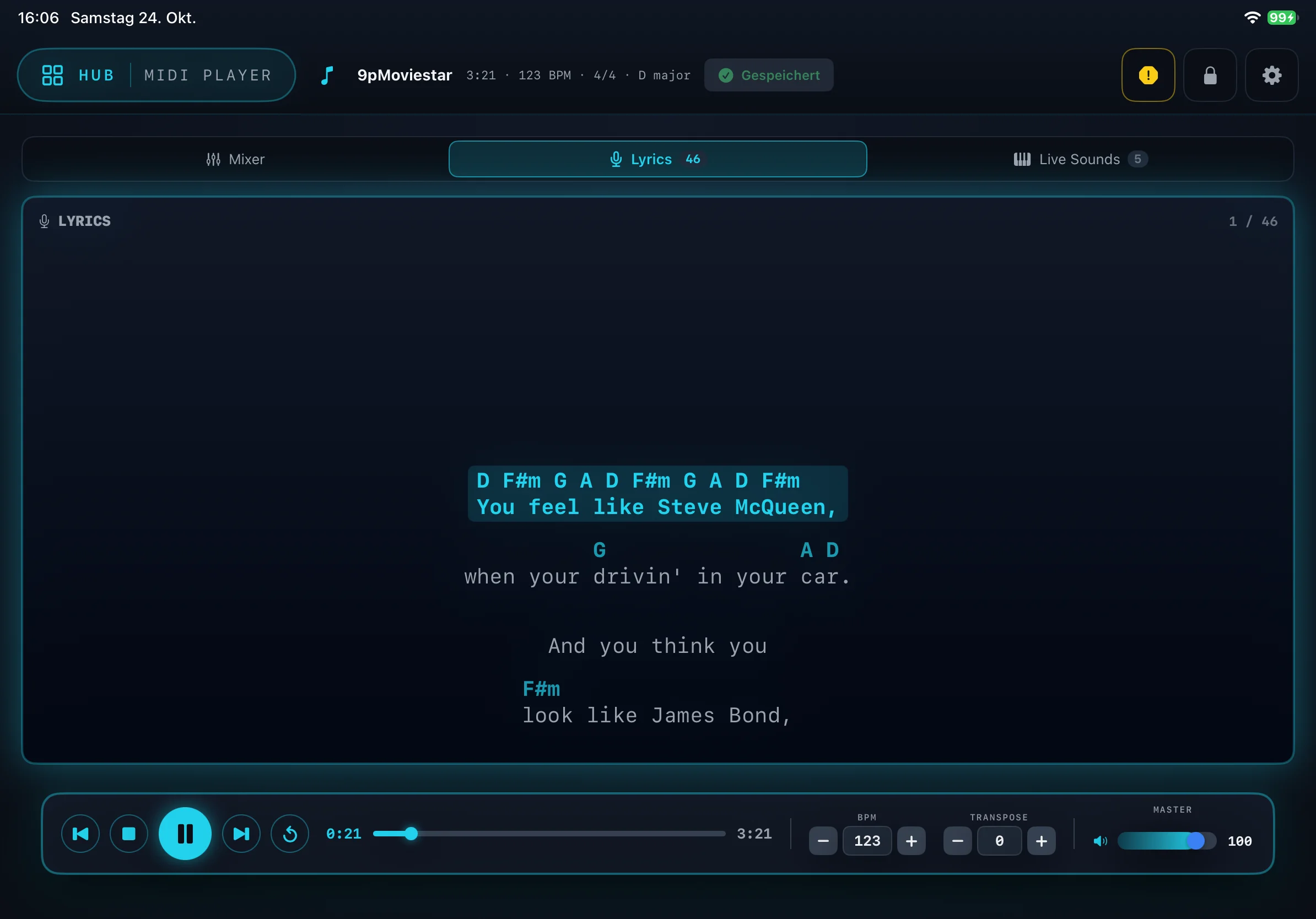 Der Reiter Lyrics im MIDI Player mit Akkorden über dem Songtext