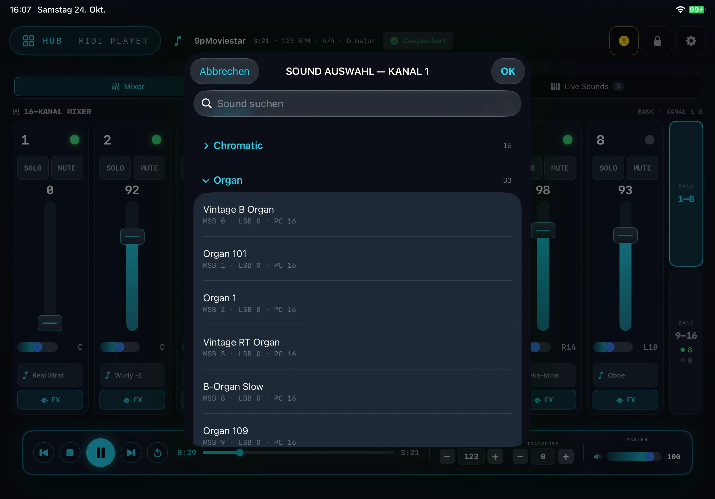 Die Sound Auswahl für Kanal 1 mit Suchfeld und Kategorien