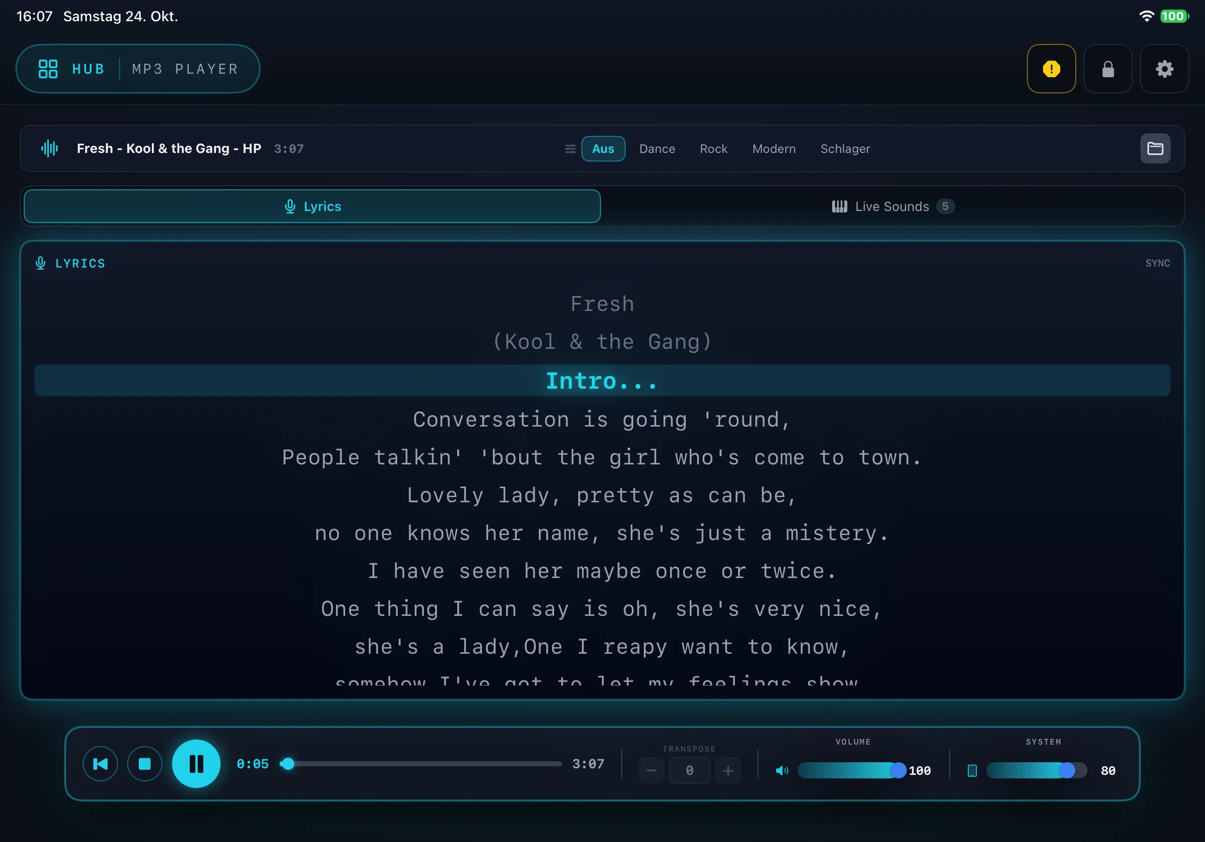 Der MP3 Player mit mitlaufendem Songtext und Klang-Presets