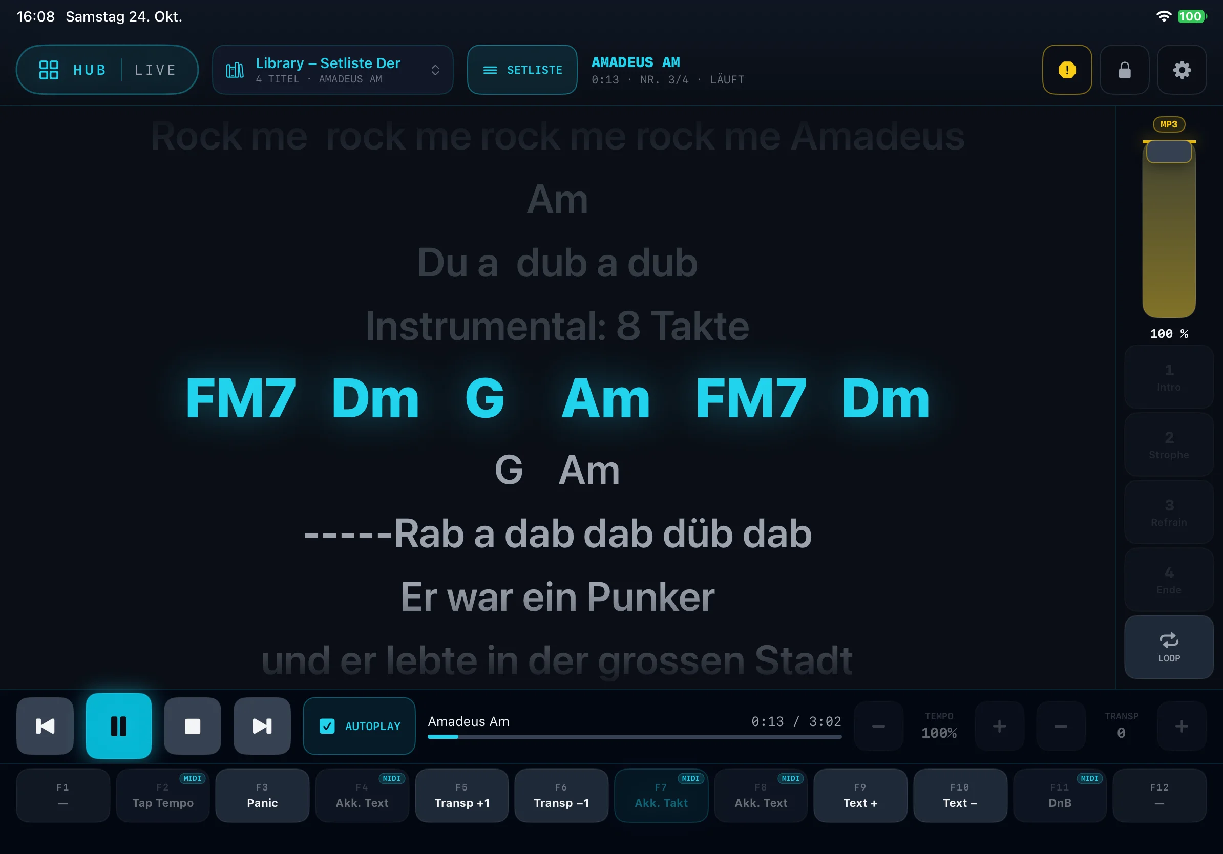 Der Live-Modus mit großem Songtext, Akkorden, Abschnitts-Tasten und Funktionstasten F1–F12