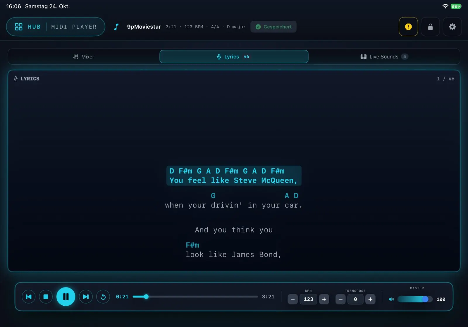 MBMusic PRO.App — Midifile mit Akkorden über dem Songtext