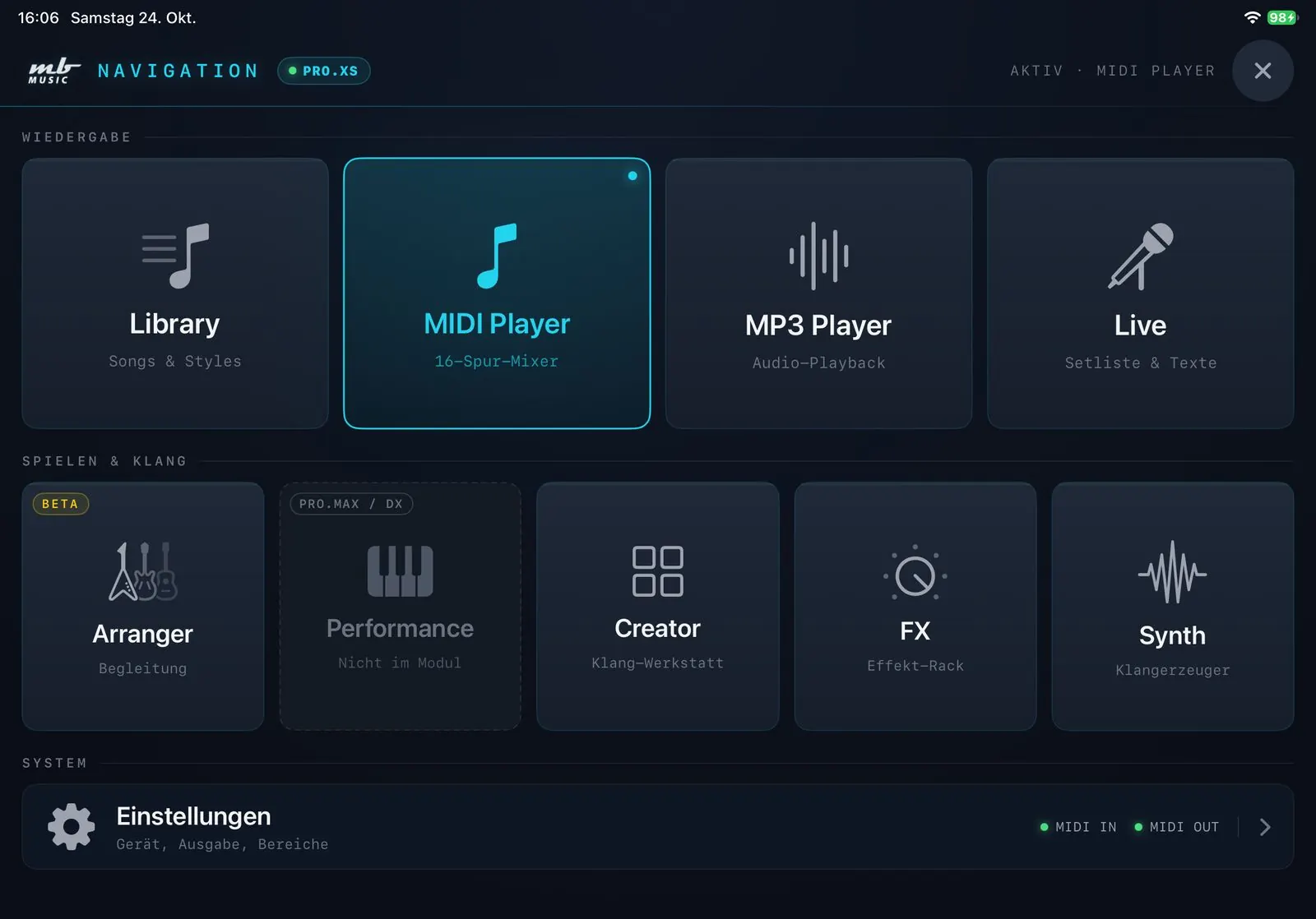 MBMusic PRO.App — Navigations-Hub mit allen Bereichen: Library, MIDI-Player, MP3-Player, Live, Arranger, Creator, FX und Synth