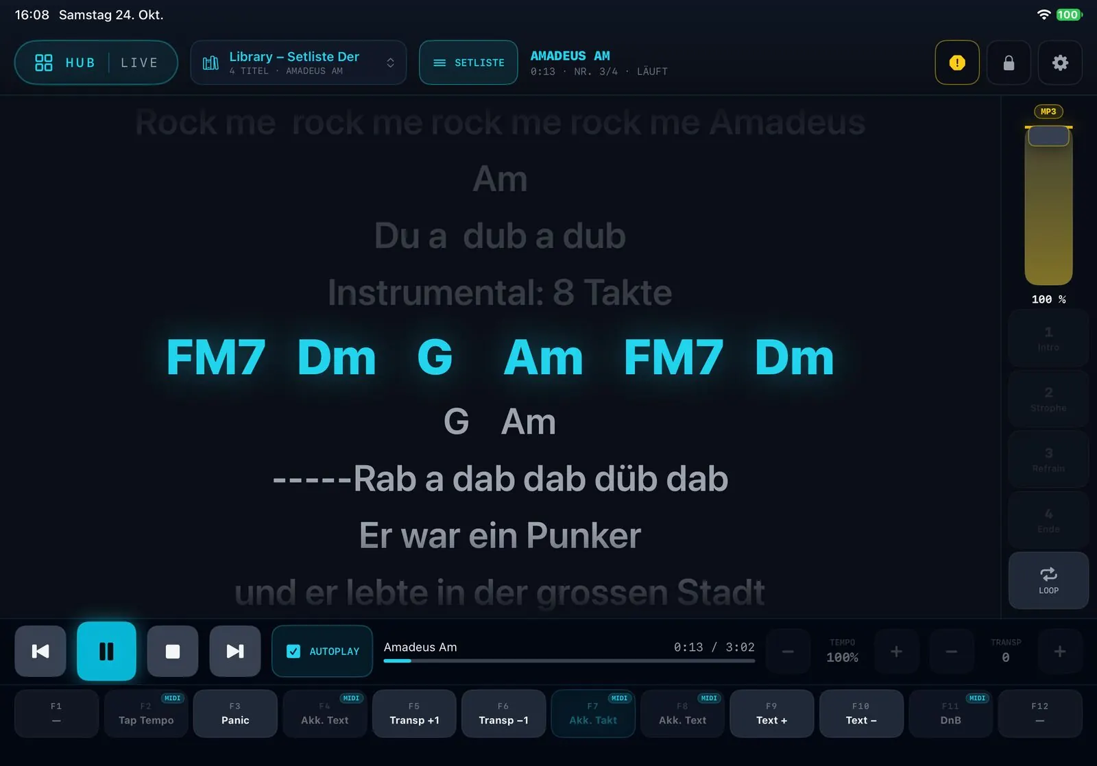 MBMusic PRO.App — Live-Modus mit Songtext, Akkorden und Funktionstasten